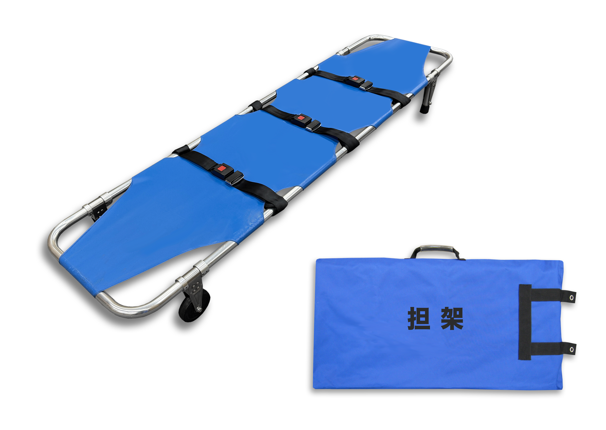 ANS 11 車輪付き軽量折りたたみ担架。片側に車輪が2個装備されているので、緊急の場合は1人で傷病者を運ぶことも可能。半分に折り畳めるので収納も簡単です。