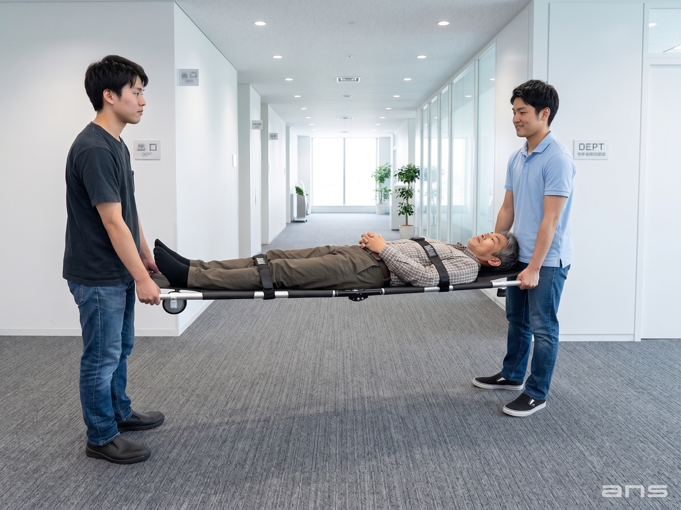 ANS 11 車輪付き軽量折りたたみ担架。片側に車輪が2個装備されているので、緊急の場合は1人で傷病者を運ぶことも可能。半分に折り畳めるので収納も簡単です。