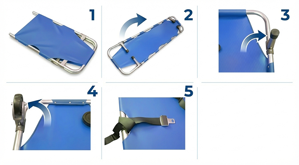 ANS 11 車輪付き軽量折りたたみ担架。片側に車輪が2個装備されているので、緊急の場合は1人で傷病者を運ぶことも可能。半分に折り畳めるので収納も簡単です。