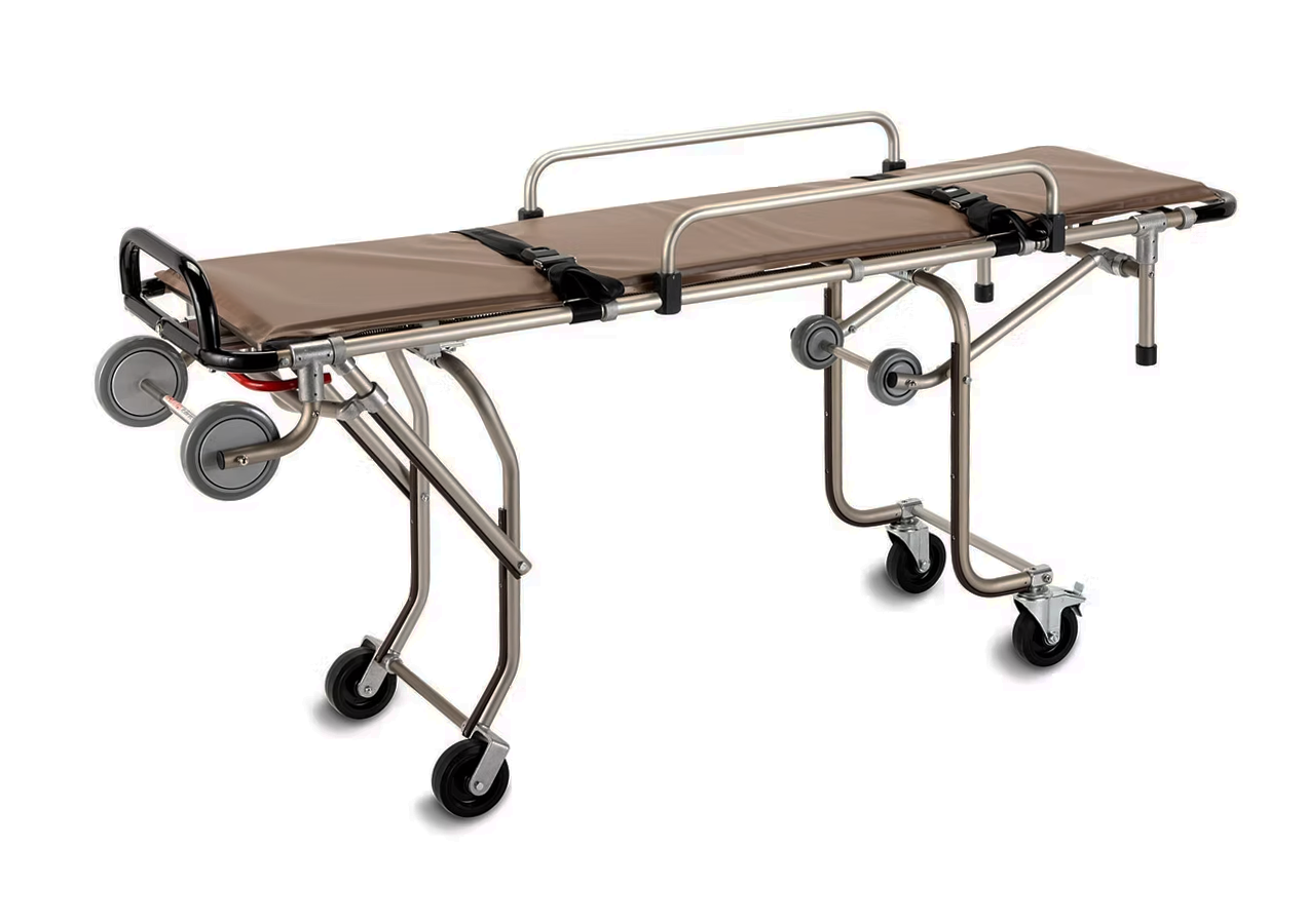 ANS 74 車両搭載用ストレッチャー。車への搬入・搬出が楽に行えるロールインタイプで高さも前後3段階ずつ調節可能。葬儀業者様に人気のモデルです。