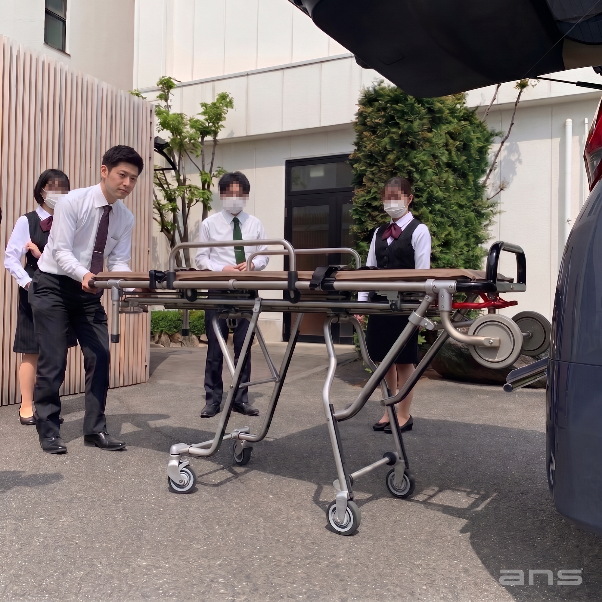 ANS 74 車両搭載用ストレッチャー。車への搬入・搬出が楽に行えるロールインタイプで高さも前後3段階ずつ調節可能。葬儀業者様に人気のモデルです。