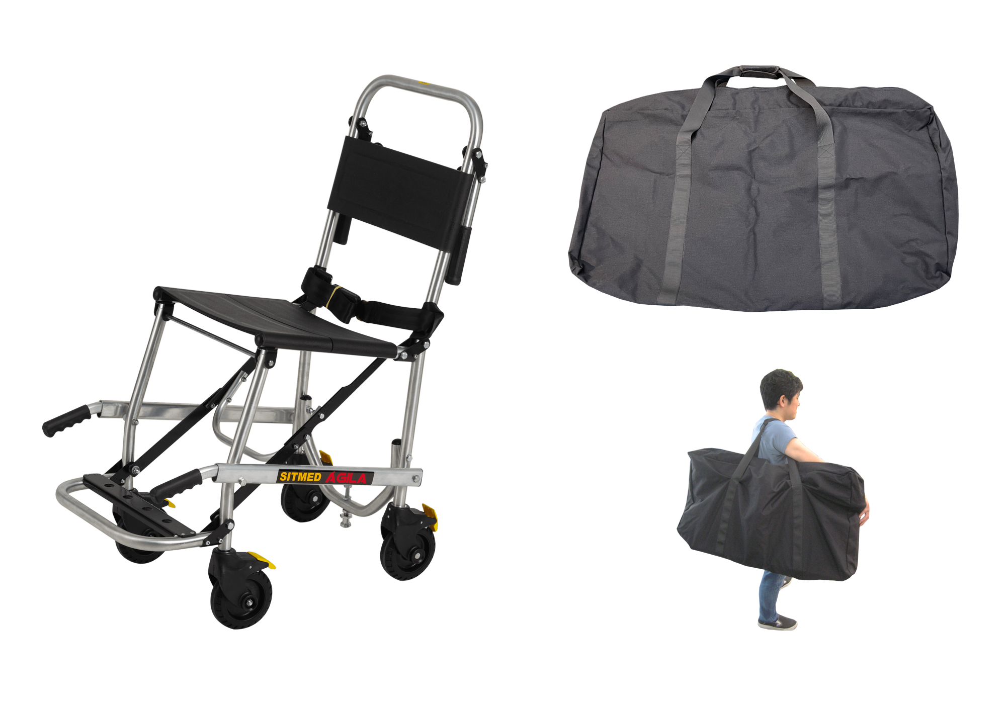 非常搬送用車いす ANS C1。階段や狭い場所でも楽に搬送できる非常用車いす。前後にハンドル付で階段も迅速に搬送。限られたスペースで大活躍。