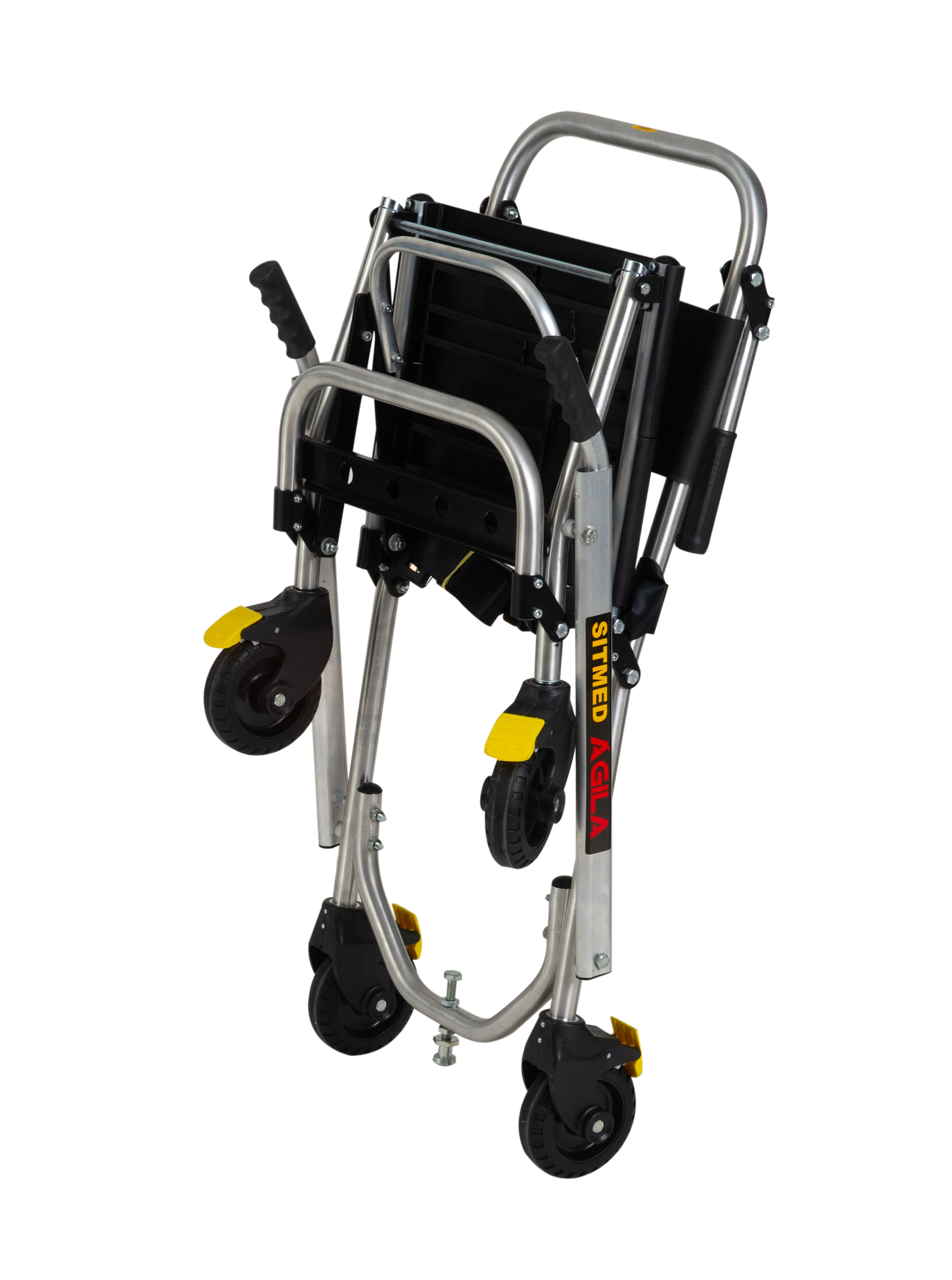 非常搬送用車いす ANS C1。階段や狭い場所でも楽に搬送できる非常用車いす。前後にハンドル付で階段も迅速に搬送。限られたスペースで大活躍。