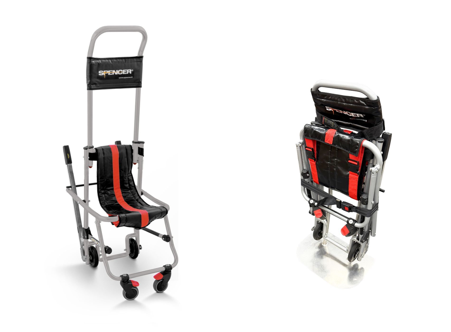 非常用階段避難車 スキッド。階段での歩行が困難の方が安全に避難できるように開発された降下専用の避難器具。ゴム付ベルトの摩擦によりスムースに降下できます。