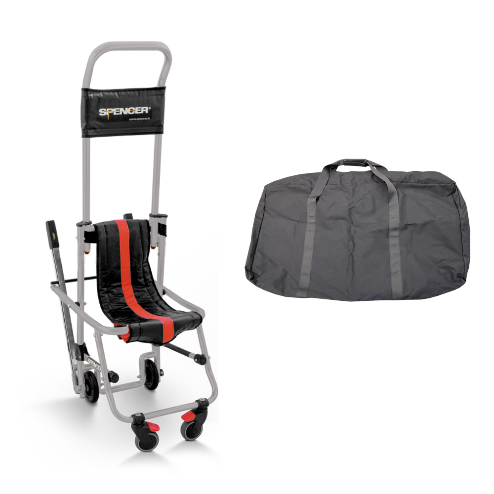 非常用階段避難車 スキッド。階段での歩行が困難の方が安全に避難できるように開発された降下専用の避難器具。ゴム付ベルトの摩擦によりスムースに降下できます。