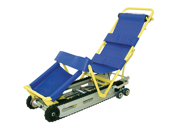 ANS 34 非常用階段避難車。非常時に階段で活躍する降下専用避難器具。歩行困難の人を乗せて階段を安全に降りることができます。低い重心とロングクローラで安定性抜群です。