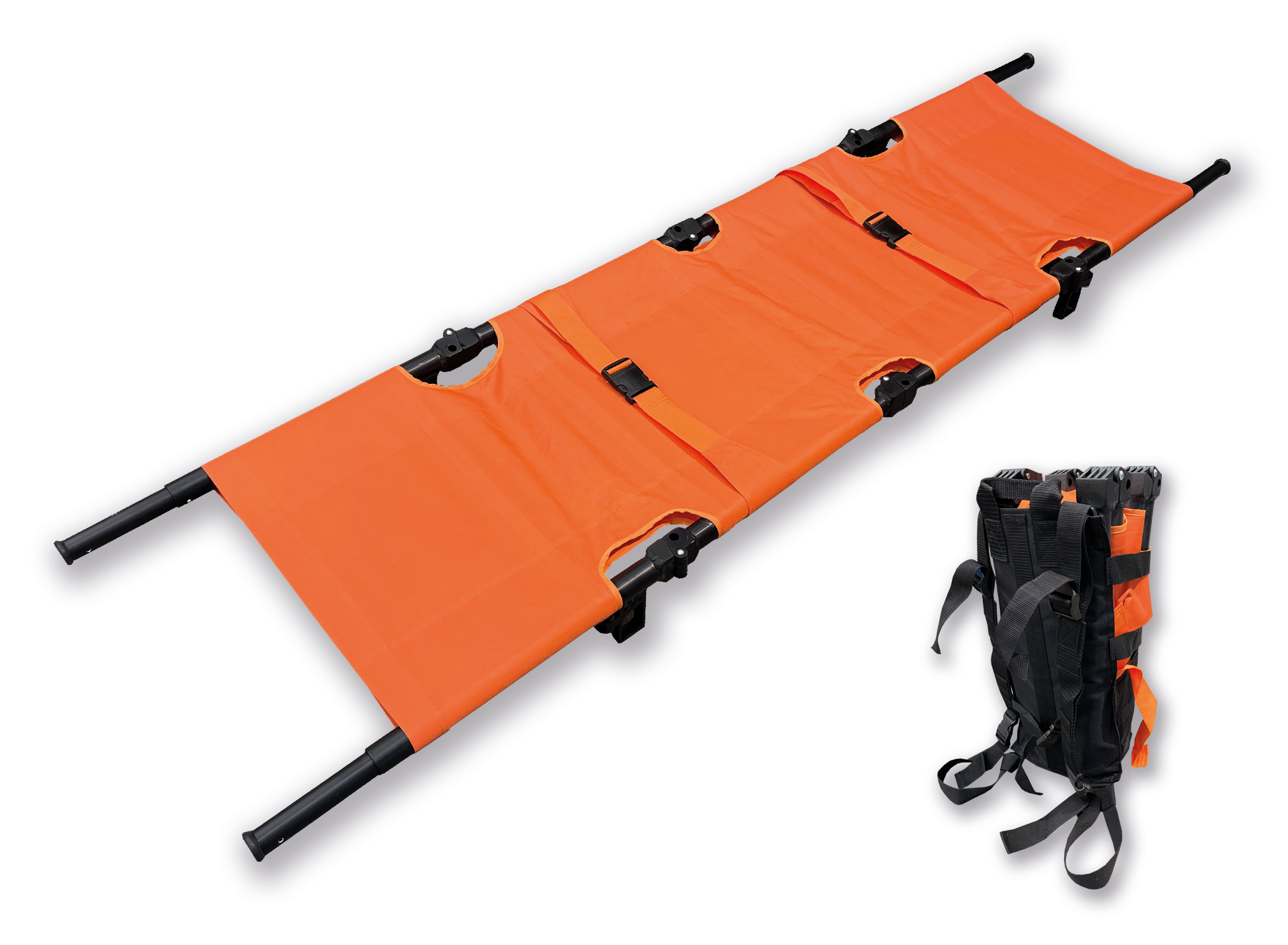 ANS 25 四つ折りコンパクト担架。長さは約4分の1に。小さく折り畳めるコンパクトタイプで、簡易ハーフバッグ付なので収納や持ち運びが楽に行えます。