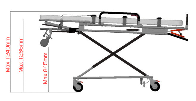 ANS M1 車両搭載用ストレッチャー。大口径タイヤで安定性抜群。高さが調節できるため処置台、ベッドなどの高さに合わせて身体の移し替えが行えます。