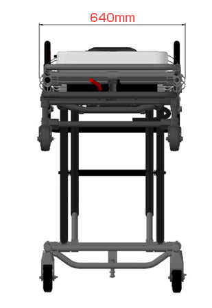 ANS M1 車両搭載用ストレッチャー。大口径タイヤで安定性抜群。高さが調節できるため処置台、ベッドなどの高さに合わせて身体の移し替えが行えます。