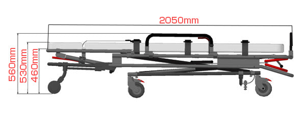 ANS M1 車両搭載用ストレッチャー。大口径タイヤで安定性抜群。高さが調節できるため処置台、ベッドなどの高さに合わせて身体の移し替えが行えます。