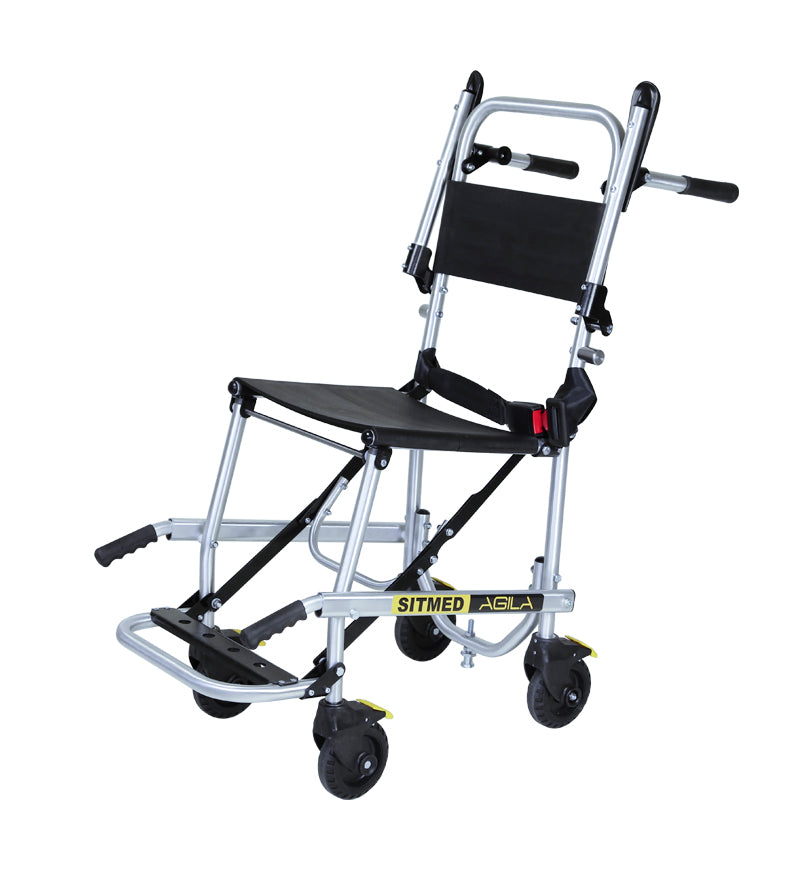 非常搬送用車いす ANS C1。階段や狭い場所でも楽に搬送できる非常用車いす。前後にハンドル付で階段も迅速に搬送。限られたスペースで大活躍。