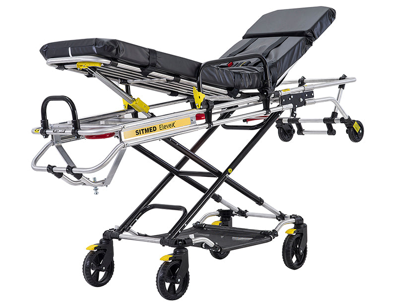 ANS M1 車両搭載用ストレッチャー。大口径タイヤで安定性抜群。高さが調節できるため処置台、ベッドなどの高さに合わせて身体の移し替えが行えます。