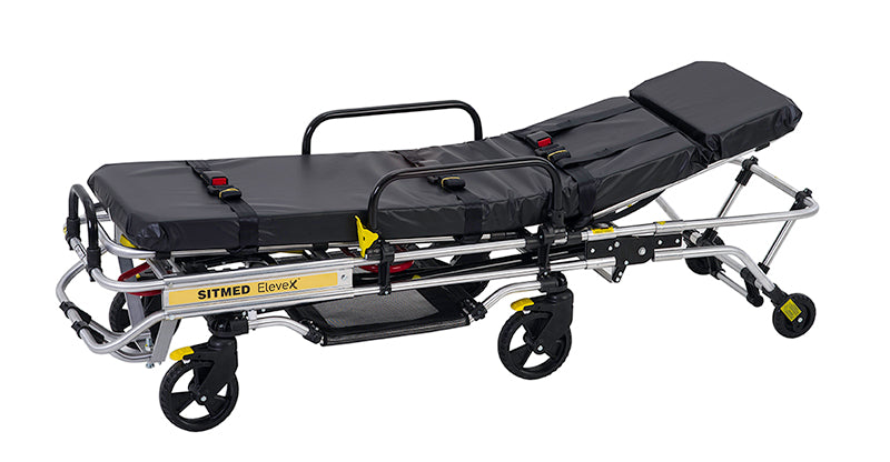 ANS M1 車両搭載用ストレッチャー。大口径タイヤで安定性抜群。高さが調節できるため処置台、ベッドなどの高さに合わせて身体の移し替えが行えます。