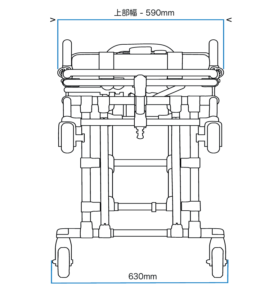 ANS M3 コンパクト車両搭載用ストレッチャー。車への搬入・搬出が簡単に行えるロールインストレッチャー。ベッド部の長さは175cmか190cmで選択可。高さは車両床の高さに合わせて製作します。