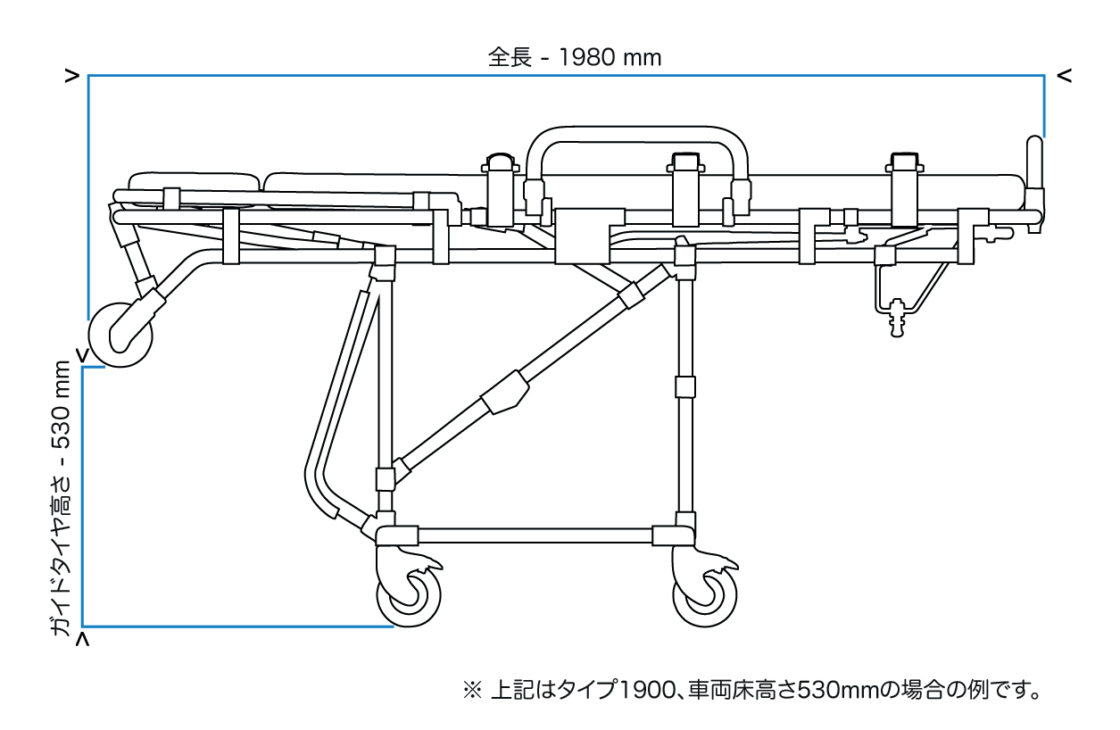 ANS M3 コンパクト車両搭載用ストレッチャー。車への搬入・搬出が簡単に行えるロールインストレッチャー。ベッド部の長さは175cmか190cmで選択可。高さは車両床の高さに合わせて製作します。