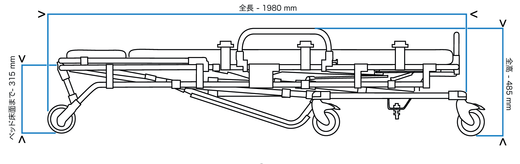 ANS M3 コンパクト車両搭載用ストレッチャー。車への搬入・搬出が簡単に行えるロールインストレッチャー。ベッド部の長さは175cmか190cmで選択可。高さは車両床の高さに合わせて製作します。