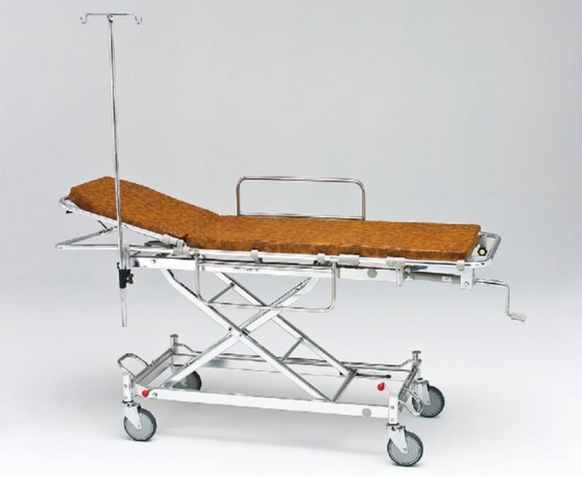 AL-TUD-2 軽量ストレッチャー。トータルロックタイプ・担架固定式・背上げ機構付。クランクハンドル上下式で高さ調整ができベッド等への移動が楽に行えます。