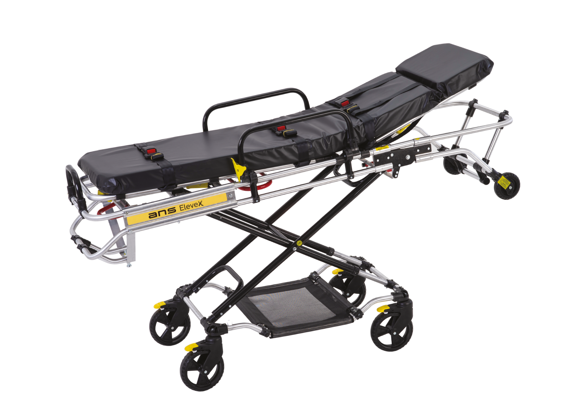 ANS M1 車両搭載用ストレッチャー。大口径タイヤで安定性抜群。高さが調節できるため処置台、ベッドなどの高さに合わせて身体の移し替えが行えます。