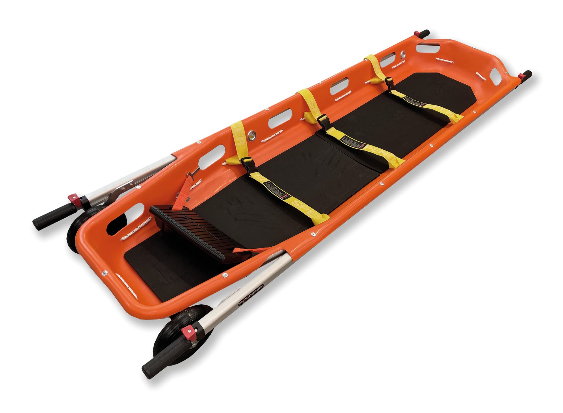 ANS 71 車輪付バスケットストレッチャー。片側に車輪が2個装備されているので、緊急の場合は1人で傷病者を運ぶことも可能、車輪・伸縮ハンドルが付いた使い勝手のいいバスケットストレッチャーです。