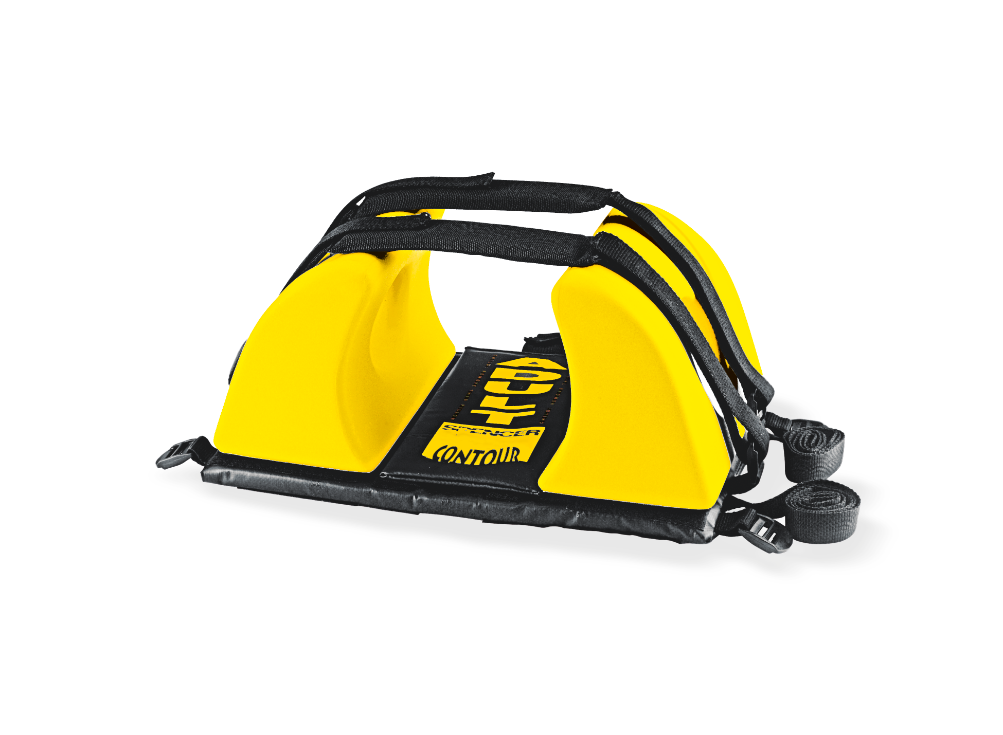 コンツアー 頭部固定装置。スパインボードに取り付けて使用する頭部固定装置。耳の部分はくり抜いてあり問診が容易にでき、頭を包み込むラウンドデザインが特徴です。