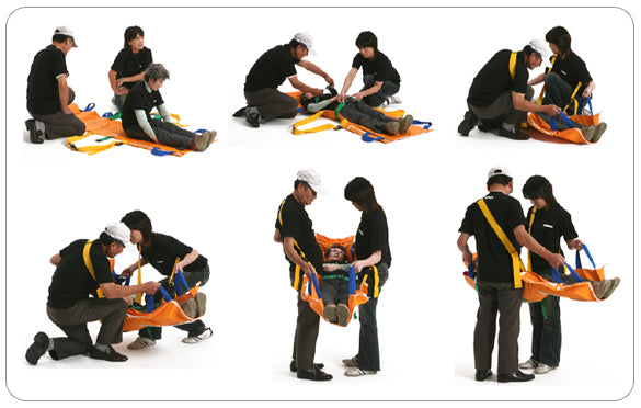 ベルカ SB-160 救護用担架。防炎・防水布使用で災害時にも安心。ベルトを肩からかけて体全体で担ぐので、楽に搬送できます。緊急時は一人でも搬送可能です。