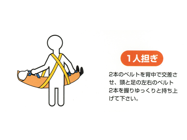 ベルカ SB-180 救護用担架。防炎・防水布使用で災害時にも安心。ベルトを肩からかけて体全体で担ぐので、楽に搬送できます。緊急時は一人でも搬送可能です。