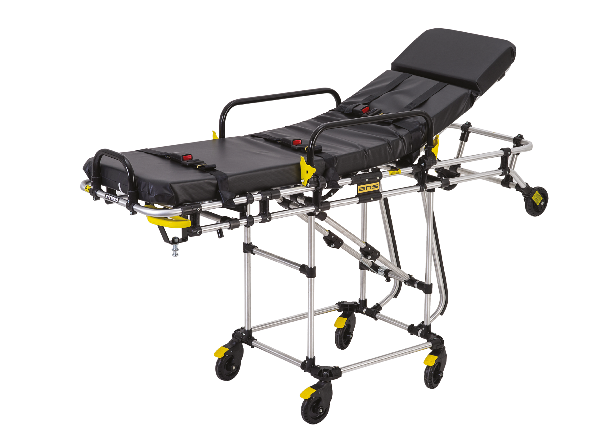 ANS M3 コンパクト車両搭載用ストレッチャー。車への搬入・搬出が簡単に行えるロールインストレッチャー。ベッド部の長さは175cmか190cmで選択可。高さは車両床の高さに合わせて製作します。