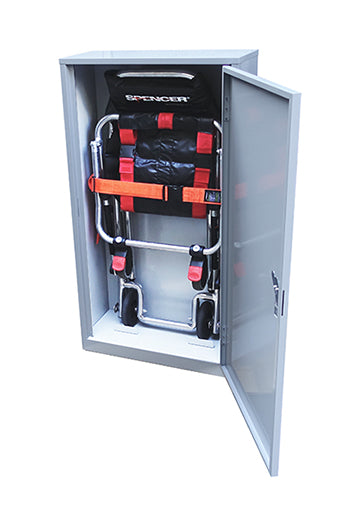 スキッド非常用階段避難車専用キャビネット。スキッドを安全かつ清潔に保管できる便利なスチール製格納箱。会社・学校・病院等の室内や階段近くの廊下等に設置しておくと便利です。