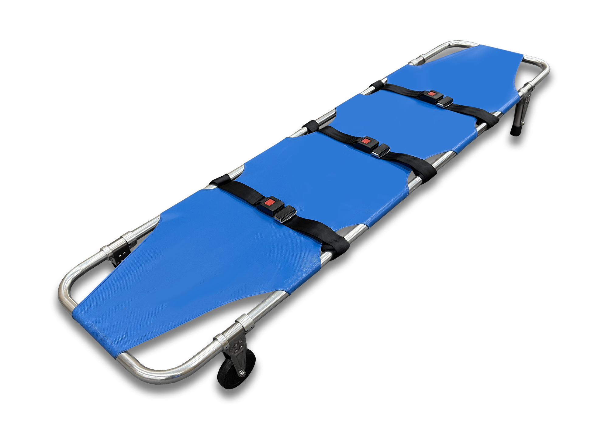 ANS 11 車輪付き軽量折りたたみ担架。片側に車輪が2個装備されているので、緊急の場合は１人で傷病者を運ぶことも可能。半分に折り畳めるので収納も簡単です。