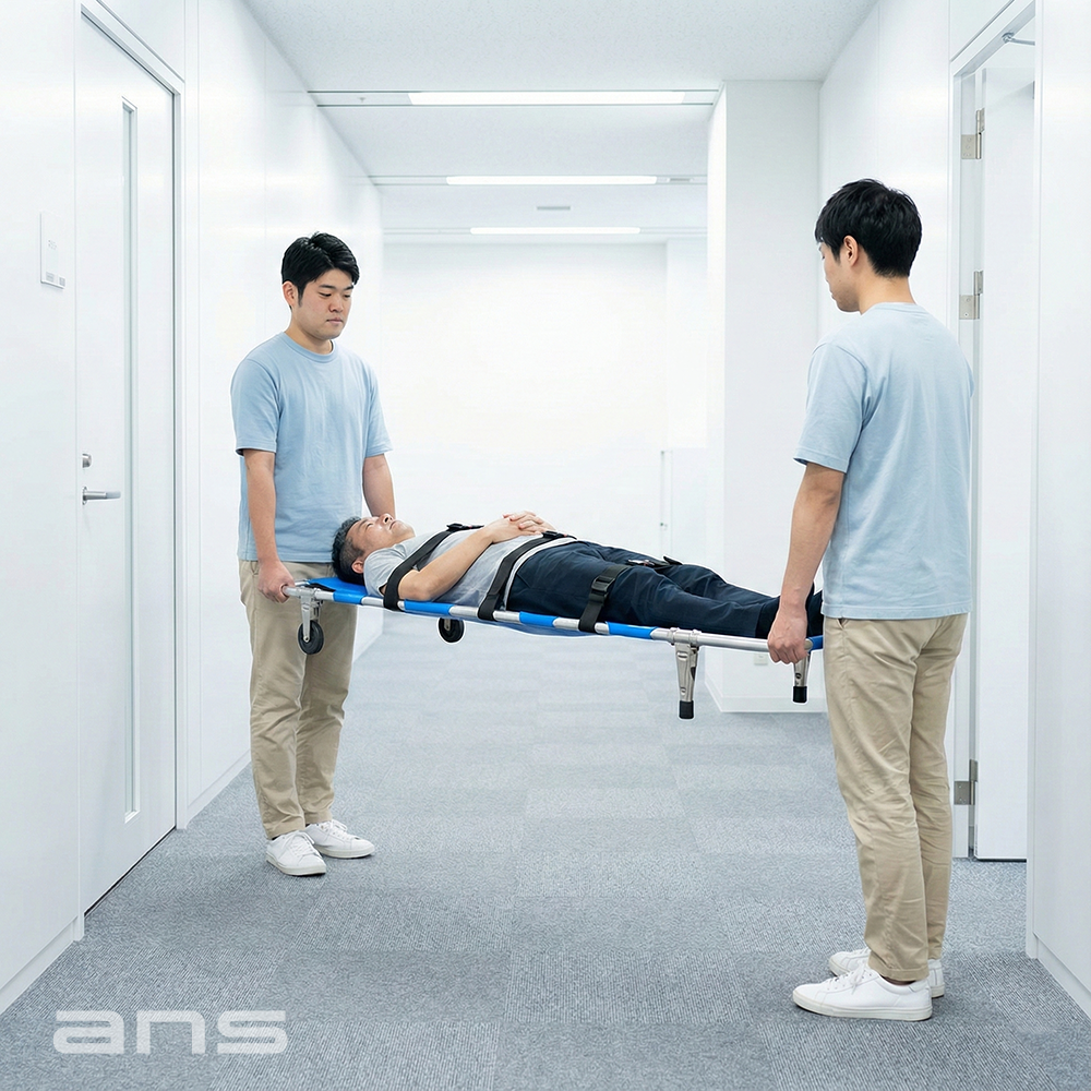 軽量担架(車輪付き)定価30万以上！ ANS 11 車輪付き軽量折りたたみ担架。片側に車輪が2個装備されている