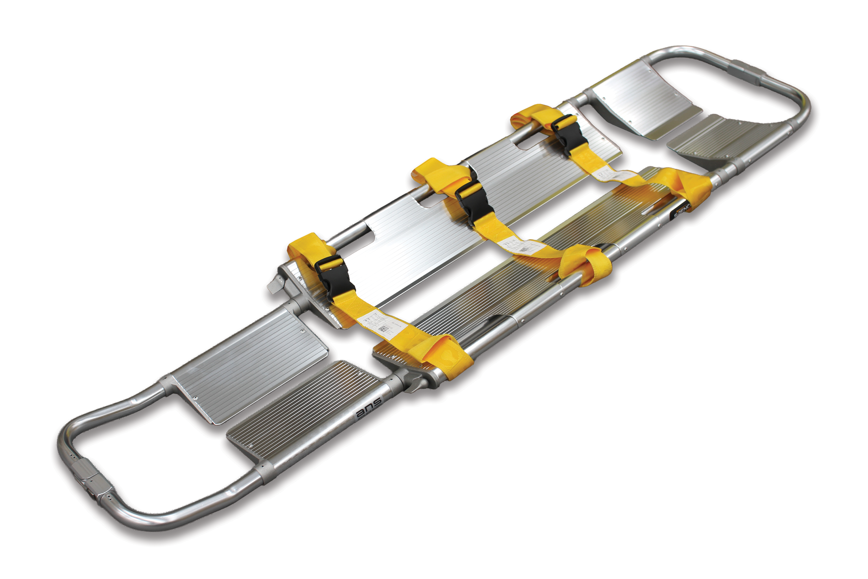 ANS 65 スクープストレッチャー。二つに分割して体の下にすべり込ませる構造なので動きが少なく、傷病者の二次損傷を防ぐことができます。頚椎損傷が疑われる場合などに最適です。