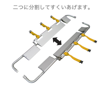 ANS 65 スクープストレッチャー。二つに分割して体の下にすべり込ませる構造なので動きが少なく、傷病者の二次損傷を防ぐことができます。頚椎損傷が疑われる場合などに最適です。