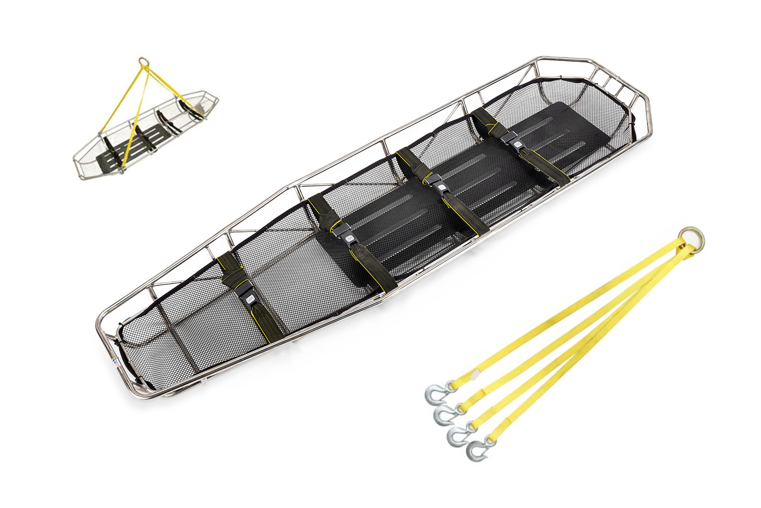 ANS 70 バスケットストレッチャー。ステンレス製の丈夫なバスケットストレッチャー。底部がネット状になっているので水抜けがよく、水難救助等に最適です。