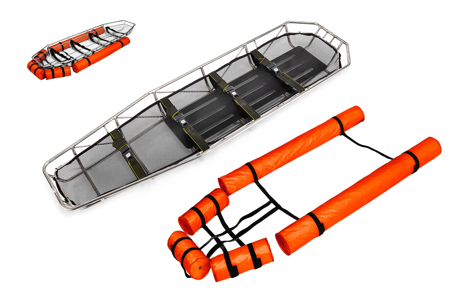 ANS 70 バスケットストレッチャー。ステンレス製の丈夫なバスケットストレッチャー。底部がネット状になっているので水抜けがよく、水難救助等に最適です。