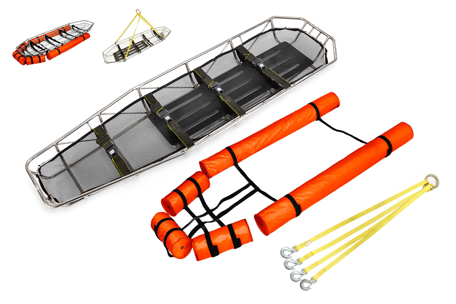 ANS 70 バスケットストレッチャー。ステンレス製の丈夫なバスケットストレッチャー。底部がネット状になっているので水抜けがよく、水難救助等に最適です。