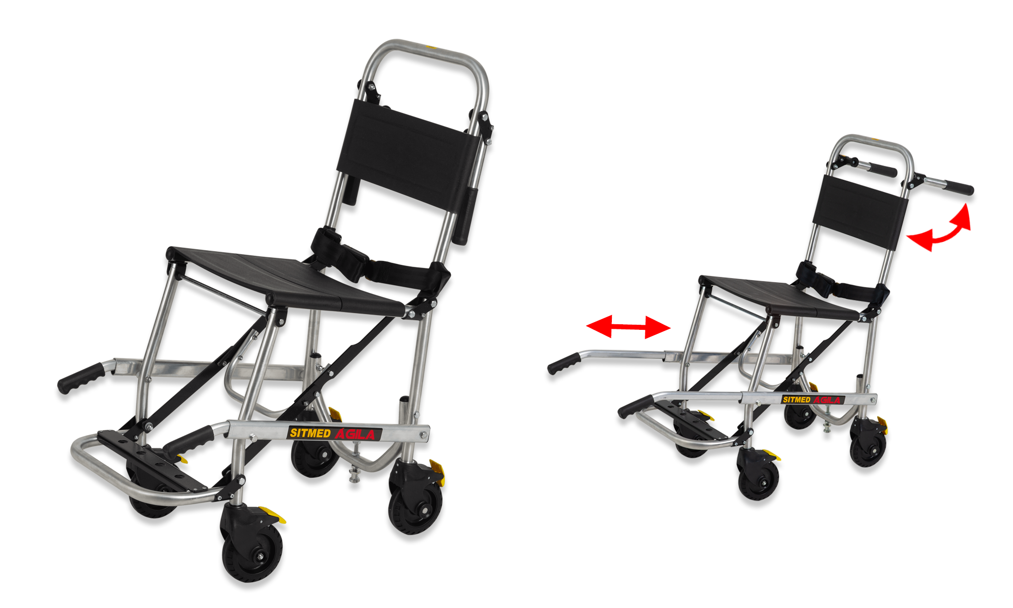 非常搬送用車いす ANS C1。階段や狭い場所でも楽に搬送できる非常用車いす。前後にハンドル付で階段も迅速に搬送。限られたスペースで大活躍。