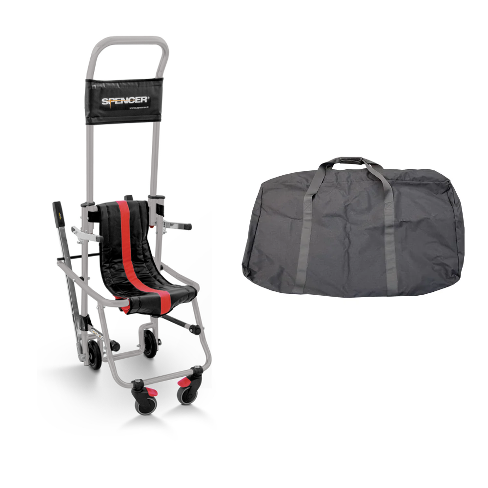 非常用階段避難車 スキッド。階段での歩行が困難の方が安全に避難できるように開発された降下専用の避難器具。ゴム付ベルトの摩擦によりスムースに降下できます。