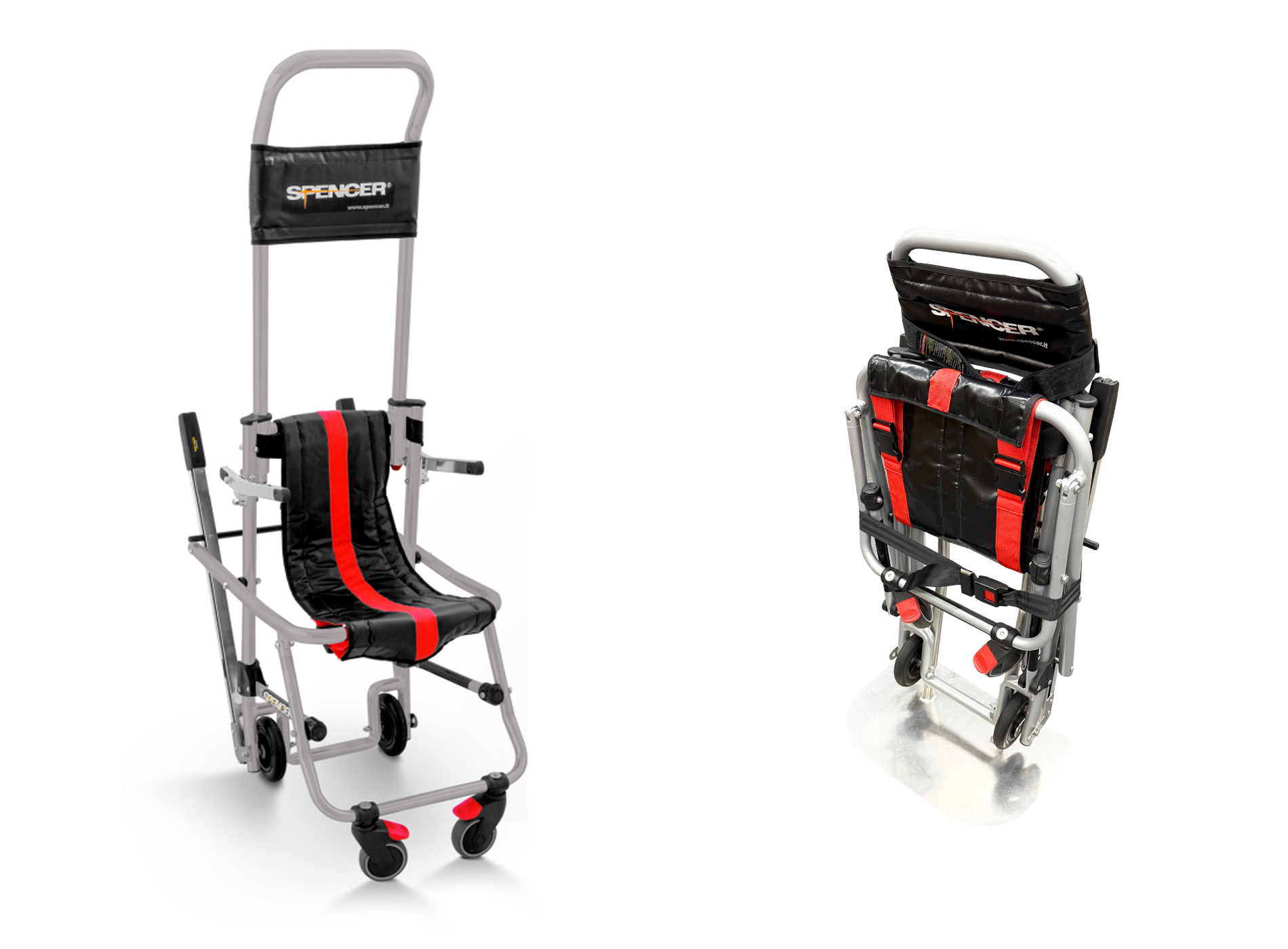 非常用階段避難車 スキッド。階段での歩行が困難の方が安全に避難できるように開発された降下専用の避難器具。ゴム付ベルトの摩擦によりスムースに降下できます。