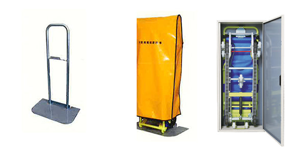 ANS 34 非常用階段避難車。非常時に階段で活躍する降下専用避難器具。歩行困難の人を乗せて階段を安全に降りることができます。低い重心とロングクローラで安定性抜群です。