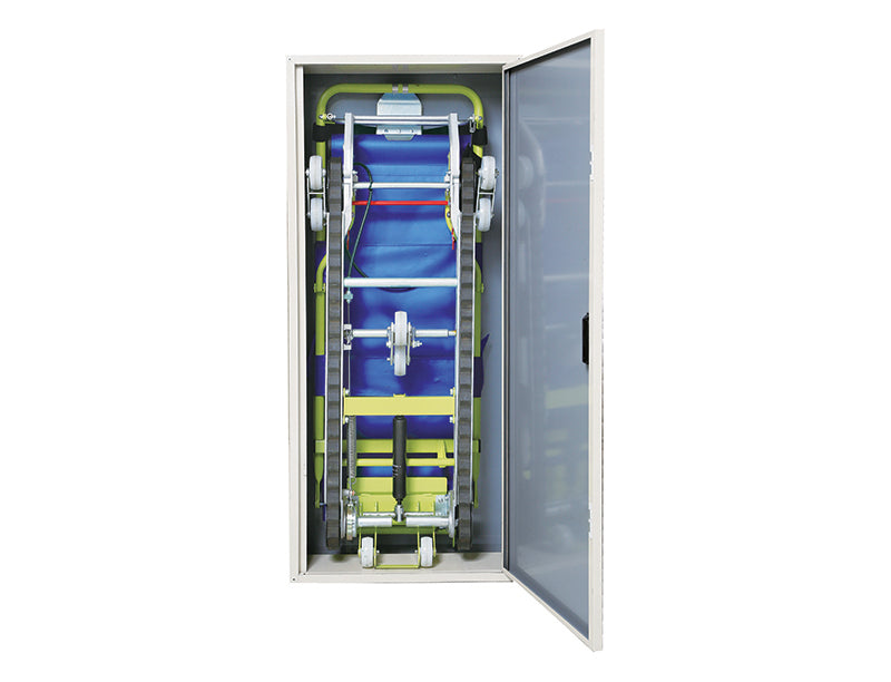 ANS 34 非常用階段避難車専用キャビネット。ANS 34を安全かつ清潔に保管できる便利なスチール製格納箱。ほこりや湿気から本体を守り、保護します。