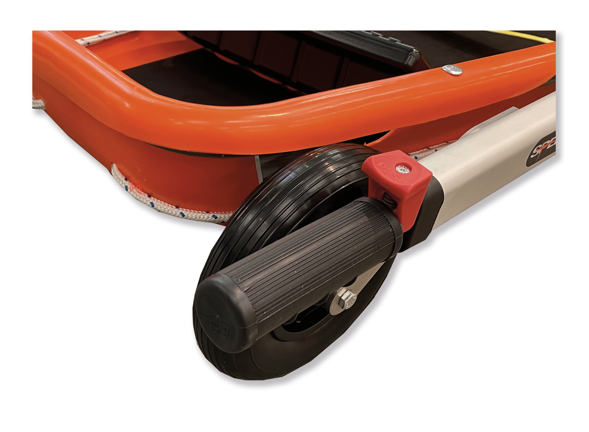 ANS 71 車輪付バスケットストレッチャー。片側に車輪が2個装備されているので、緊急の場合は１人で傷病者を運ぶことも可能、車輪・伸縮ハンドルが付いた使い勝手のいいバスケットストレッチャーです。