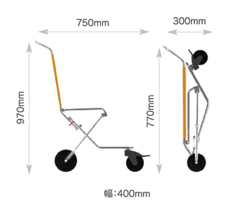 非常搬送用車いす 407。非常搬送用車いすは、船内、バスや電車などの車内、エレベーターなどスペースの限られた狭い場所での搬送に役立つ搬送器具です。