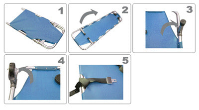 ANS 11 車輪付き軽量折りたたみ担架。片側に車輪が2個装備されているので、緊急の場合は１人で傷病者を運ぶことも可能。半分に折り畳めるので収納も簡単です。