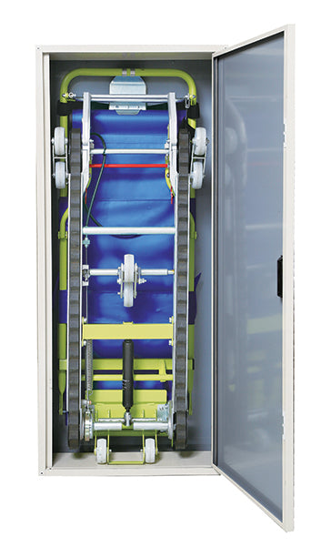 ANS 34 非常用階段避難車。非常時に階段で活躍する降下専用避難器具。歩行困難の人を乗せて階段を安全に降りることができます。低い重心とロングクローラで安定性抜群です。