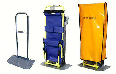 ANS 34 非常用階段避難車。非常時に階段で活躍する降下専用避難器具。歩行困難の人を乗せて階段を安全に降りることができます。低い重心とロングクローラで安定性抜群です。