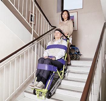 ANS 34 非常用階段避難車。非常時に階段で活躍する降下専用避難器具。歩行困難の人を乗せて階段を安全に降りることができます。低い重心とロングクローラで安定性抜群です。