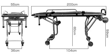 ANS 74 車両搭載用ストレッチャー。車への搬入・搬出が楽に行えるロールインタイプで高さも前後3段階ずつ調節可能。葬儀業者様に人気のモデルです。