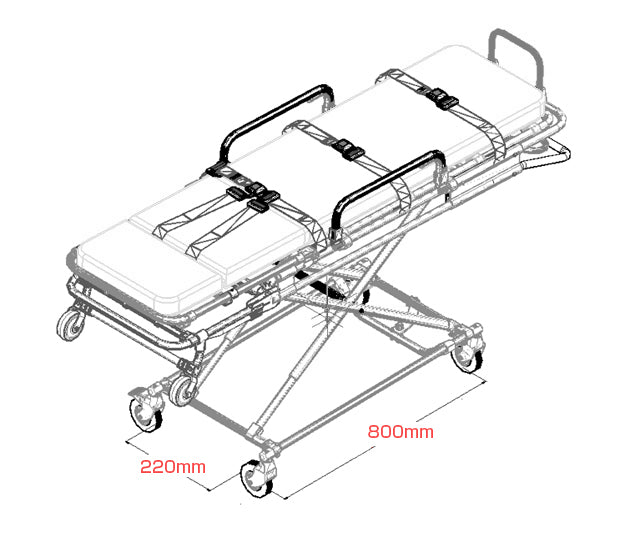 ANS M1 車両搭載用ストレッチャー。大口径タイヤで安定性抜群。高さが調節できるため処置台、ベッドなどの高さに合わせて身体の移し替えが行えます。