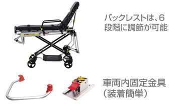 ANS M1 車両搭載用ストレッチャー。大口径タイヤで安定性抜群。高さが調節できるため処置台、ベッドなどの高さに合わせて身体の移し替えが行えます。