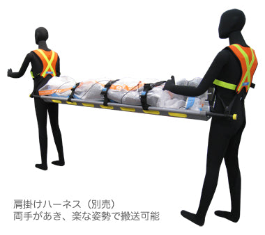 LESS 3001 次世代救急担架。低体温症を防ぐために保温性の高い素材を使用。平らな形状のため事故現場から病院に搬送後CT、MRI、手術台でそのまま使用できます。